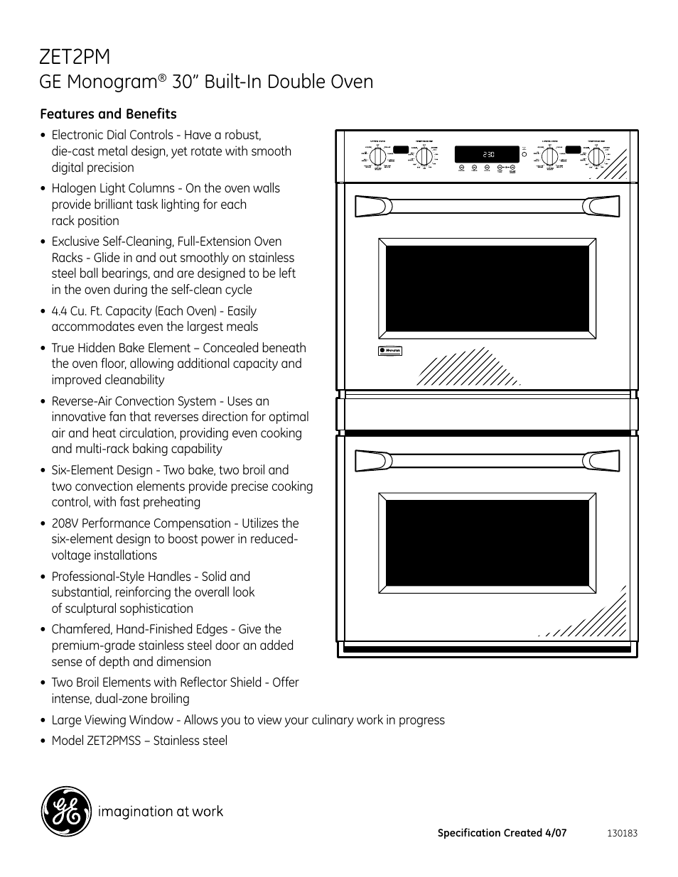 Zet2pm, Ge monogram, 30” built-in double oven | Features and benefits, Zet2pmss | GE Monogram ZET2PM User Manual | Page 2 / 2