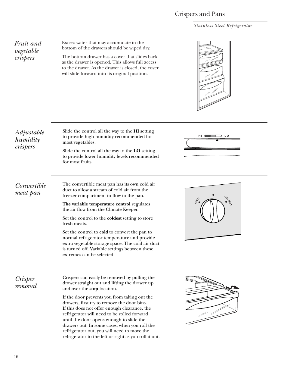 Crispers and pans, Fruit and vegetable crispers, Adjustable humidity crispers | Convertible meat pan, Crisper removal | GE Monogram Side-by-Side Stainless Steel Free-Standing Refrigerators User Manual | Page 16 / 32