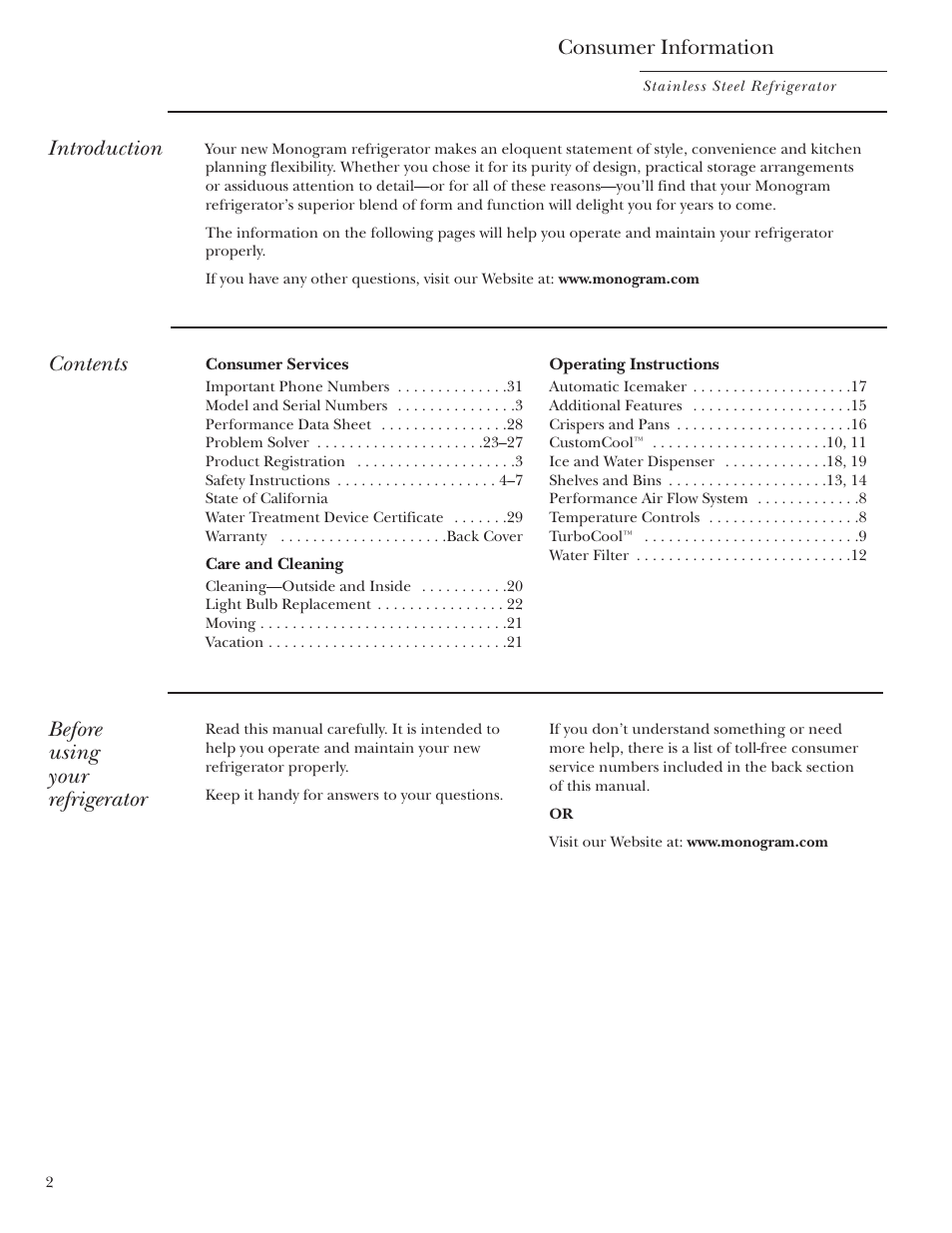 GE Monogram Side-by-Side Stainless Steel Free-Standing Refrigerators User Manual | Page 2 / 32