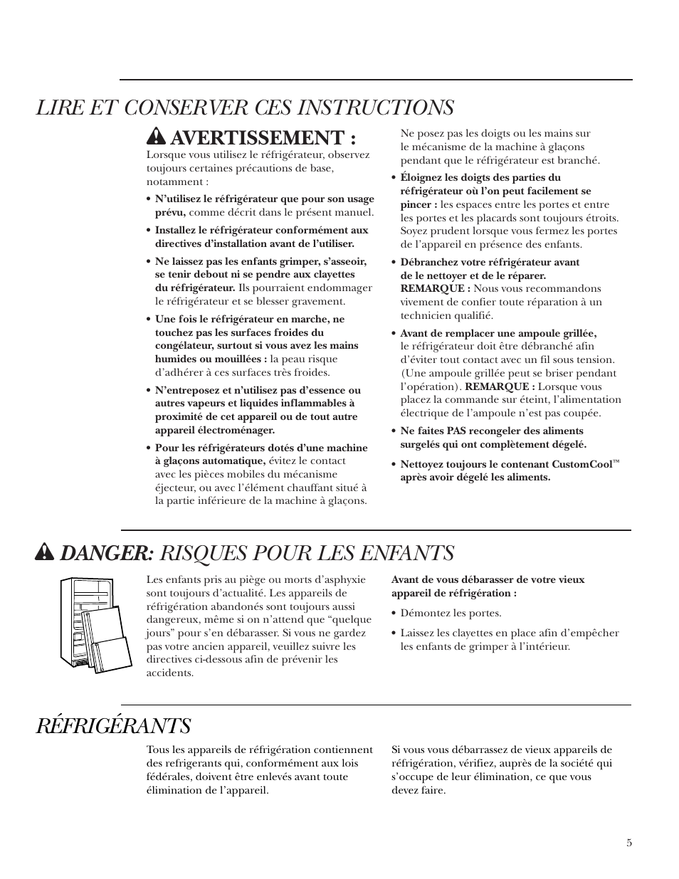 Lire et conserver ces instructions w, W danger: risques pour les enfants, Réfrigérants | Avertissement | GE Monogram Side-by-Side Stainless Steel Free-Standing Refrigerators User Manual | Page 5 / 32