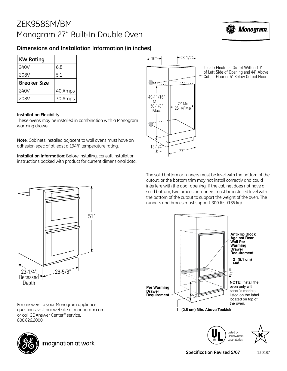 GE Monogram ZEK958SM/BM User Manual | 2 pages