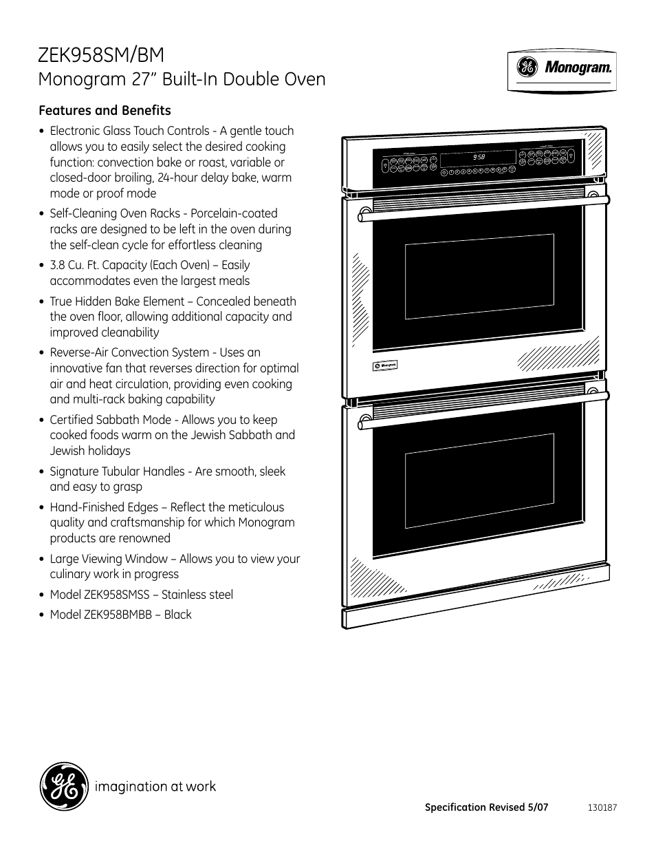 Zek958sm/bm, Monogram 27” built-in double oven, Features and benefits | Zek958smss, Specification revised 5/07, Conv, Mult conv, 1 rack conv, High low, Std low | GE Monogram ZEK958SM/BM User Manual | Page 2 / 2