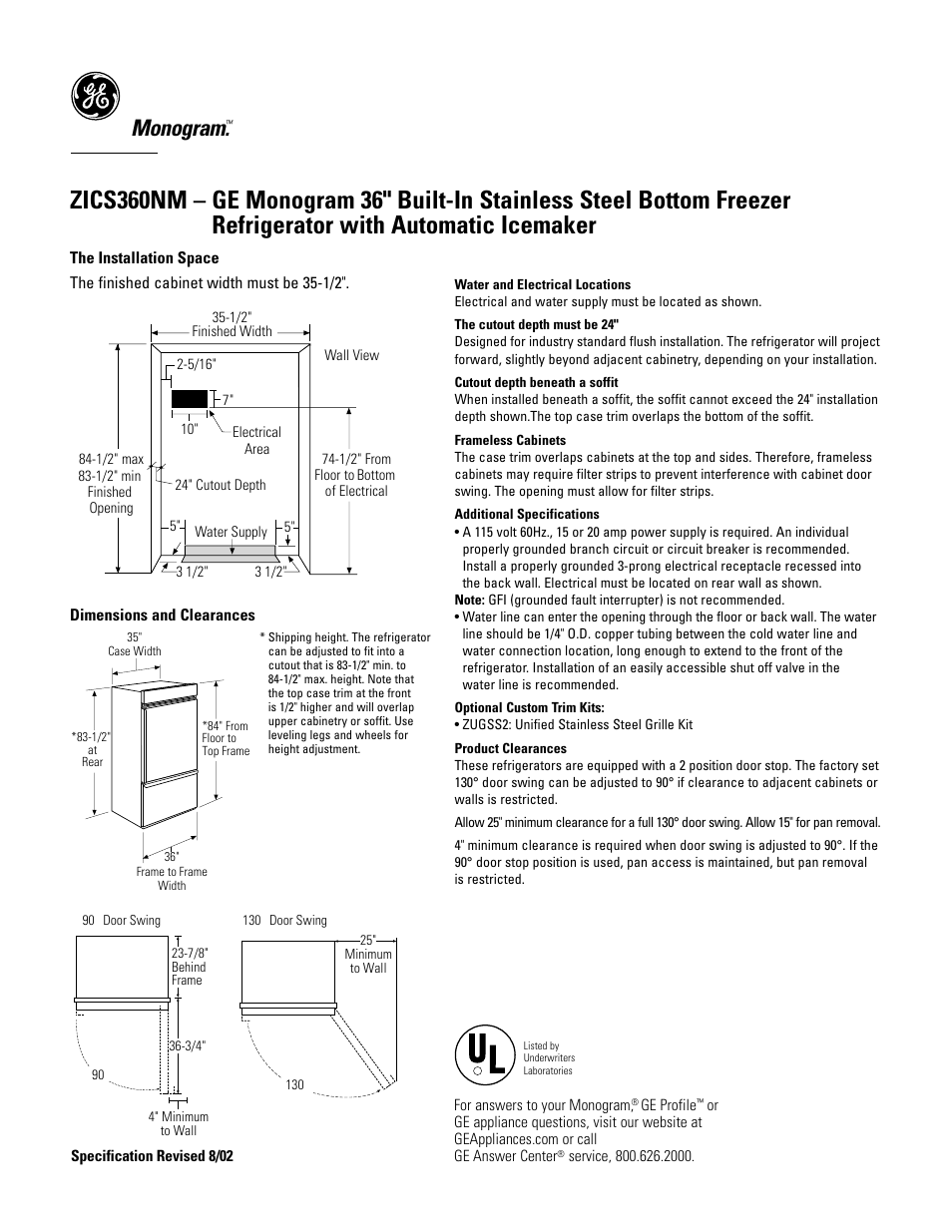 GE Monogram MONOGRAM ZICS360NM User Manual | 3 pages