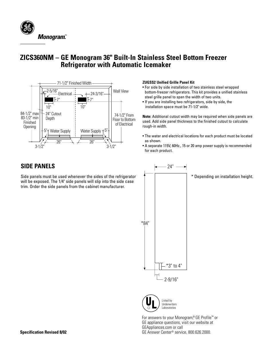 Monogram, Side panels | GE Monogram MONOGRAM ZICS360NM User Manual | Page 2 / 3