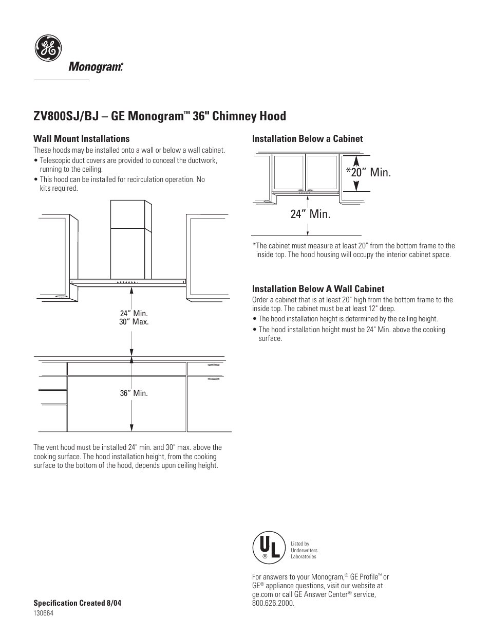 Zv800sj/bj – ge monogram, 36" chimney hood, 24” min. *20” min | GE Monogram MONOGRAM ZV800SJ User Manual | Page 2 / 4