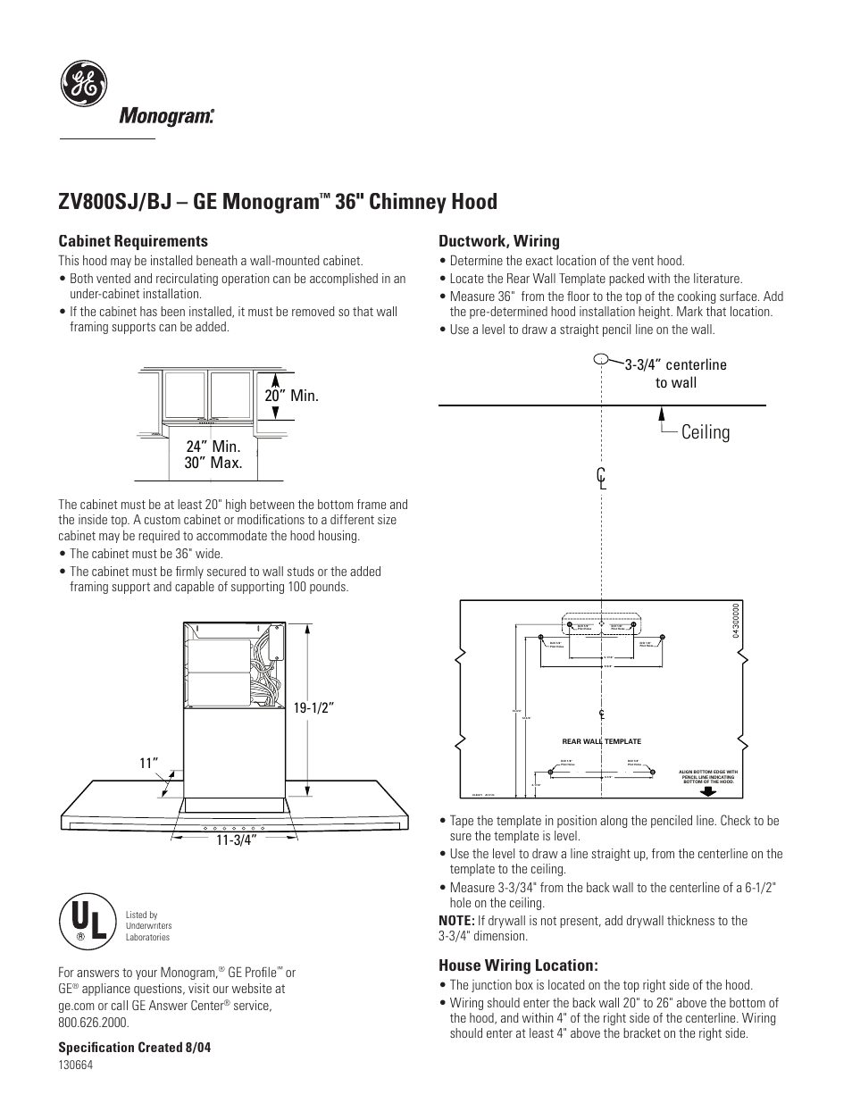 Zv800sj/bj – ge monogram, 36" chimney hood, Ceiling | Cabinet requirements, Ductwork, wiring, House wiring location, 3/4” centerline to wall | GE Monogram MONOGRAM ZV800SJ User Manual | Page 3 / 4