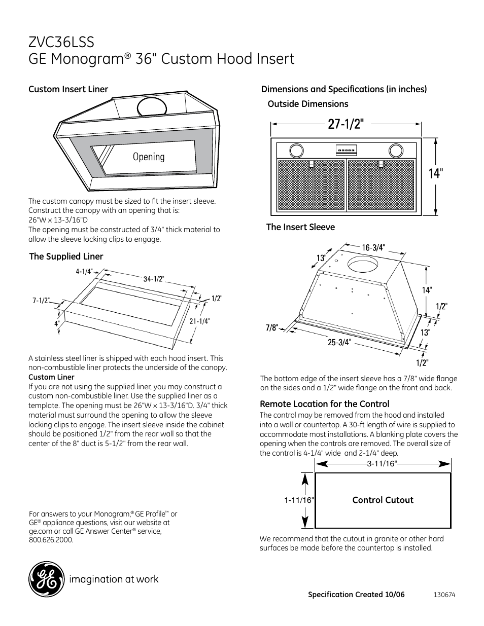 GE Monogram 36" CUSTOM HOOD INSERT ZVC36LSS User Manual | 2 pages