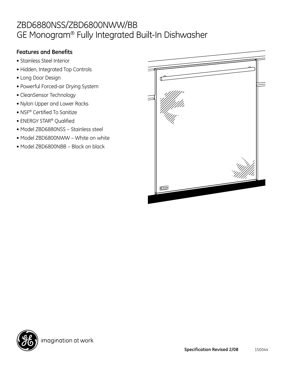 Zbd6880kss, Fully integrated built-in dishwasher | GE Monogram zbd6880NSS User Manual | Page 2 / 2