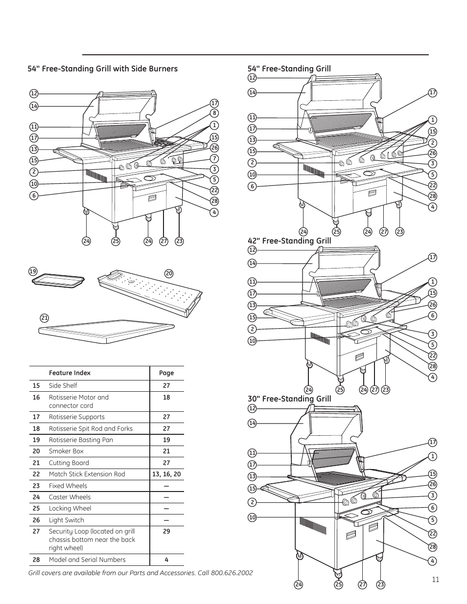 42" free-standing grill 30" free-standing grill, 54" free-standing grill with side burners, 54" free-standing grill | GE ZGG420NBPSS User Manual | Page 11 / 36