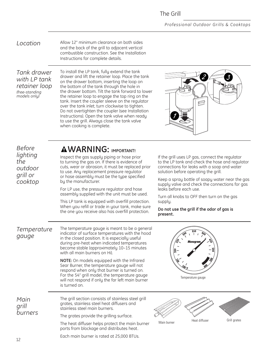 Warning, Before lighting the outdoor grill or cooktop, Main grill burners | The grill, Temperature gauge, Tank drawer with lp tank retainer loop, Location | GE ZGG420NBPSS User Manual | Page 12 / 36