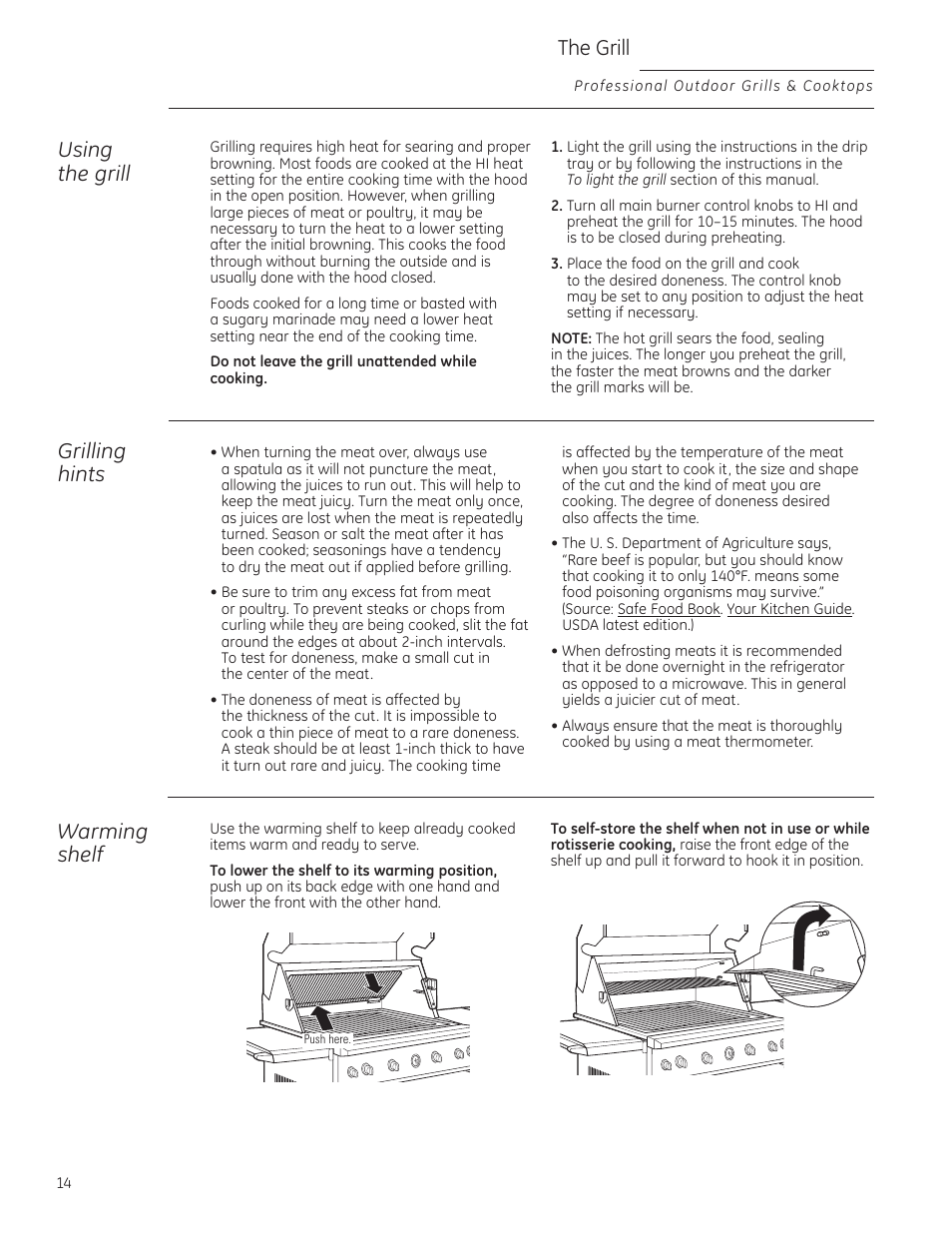 Grilling hints, Using the grill, Warming shelf | The grill | GE ZGG420NBPSS User Manual | Page 14 / 36