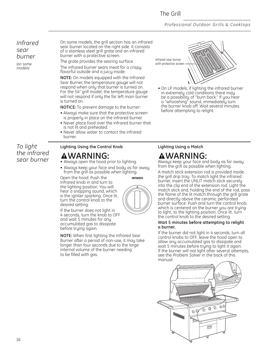 Warning, Infrared sear burner, The grill | GE ZGG420NBPSS User Manual | Page 16 / 36