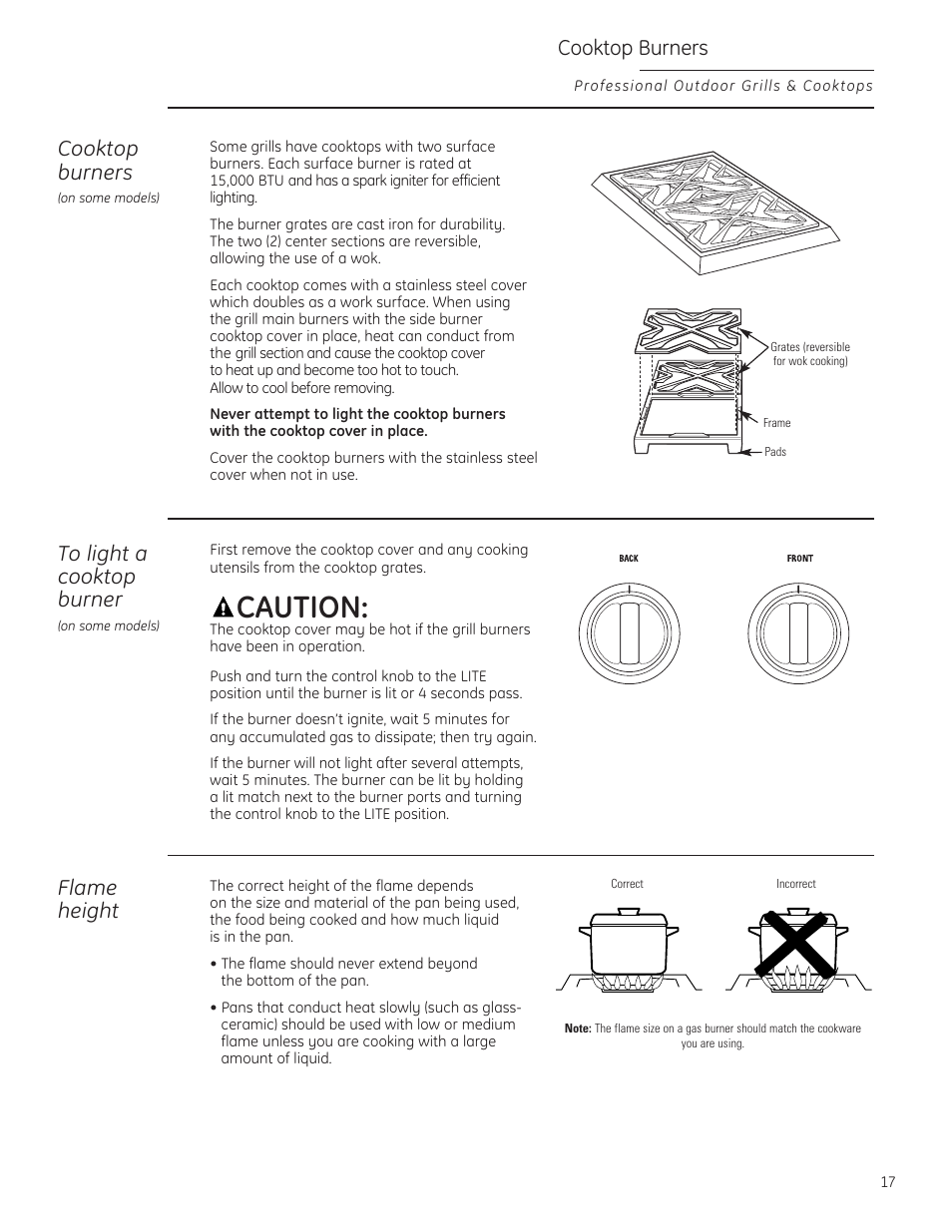 Caution, Cooktop burners, Flame height | GE ZGG420NBPSS User Manual | Page 17 / 36