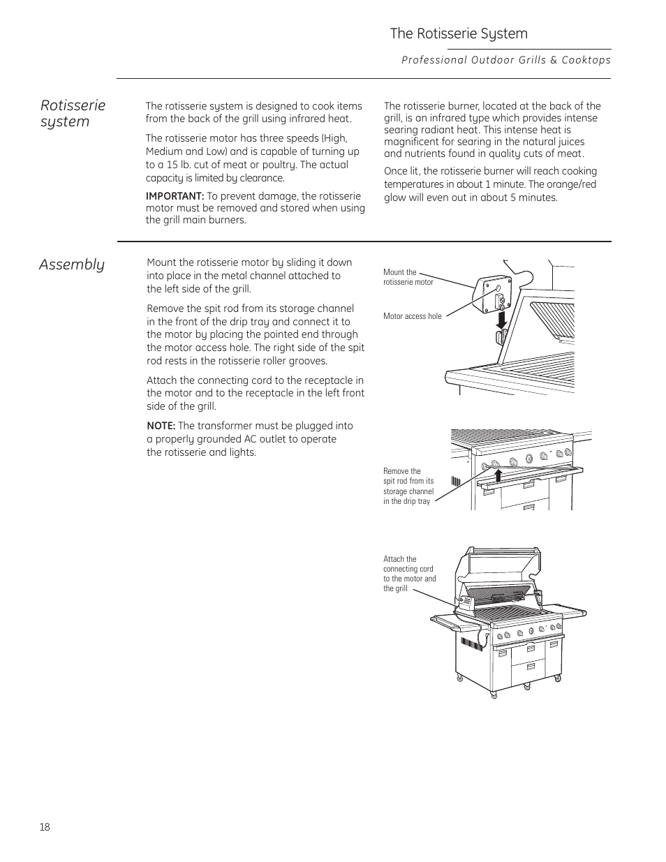 Rotisserie system, The rotisserie system, Assembly | GE ZGG420NBPSS User Manual | Page 18 / 36