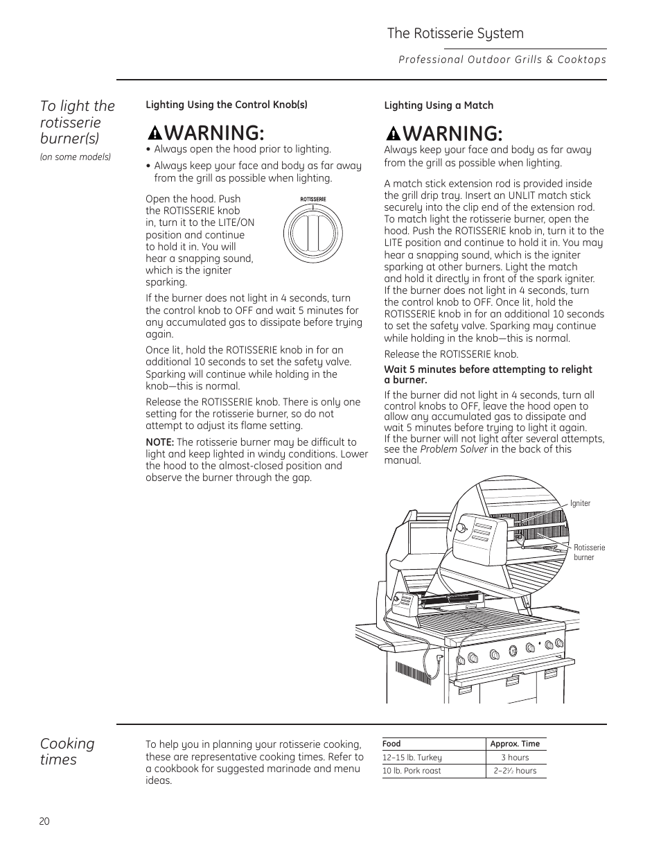 Warning, Cooking times, The rotisserie system | GE ZGG420NBPSS User Manual | Page 20 / 36