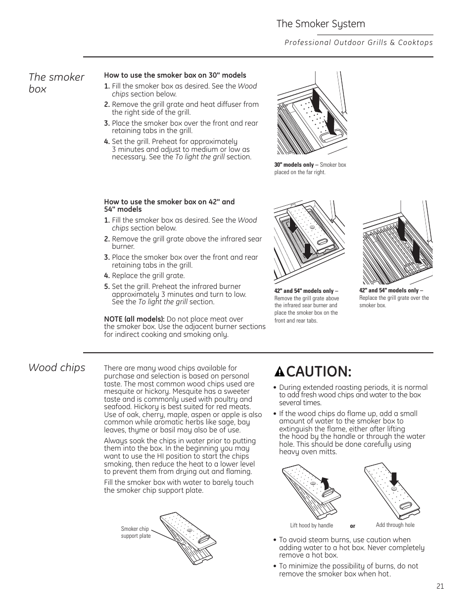 Caution, Wood chips, The smoker box | The smoker system | GE ZGG420NBPSS User Manual | Page 21 / 36