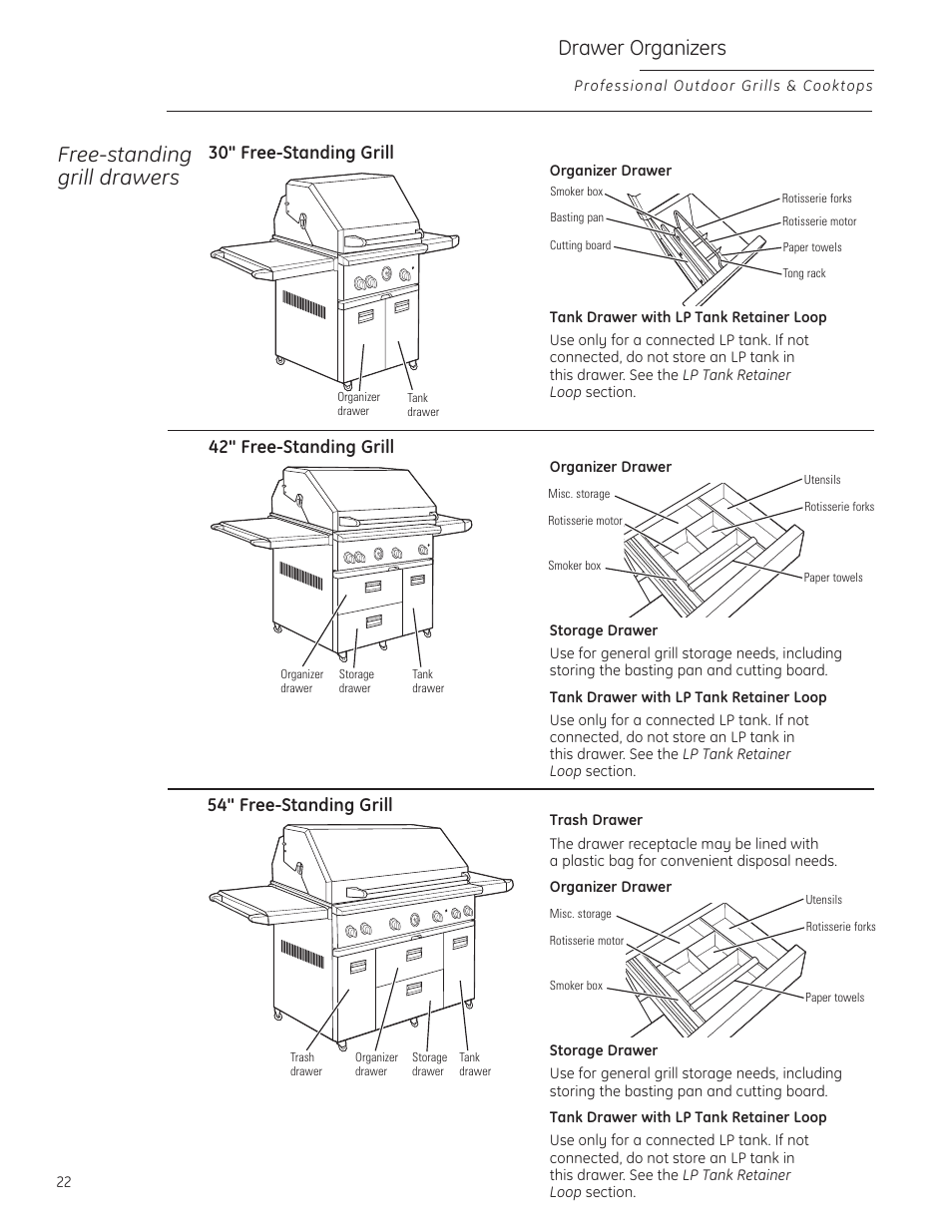 Drawer organizers, Free-standing grill drawers | GE ZGG420NBPSS User Manual | Page 22 / 36