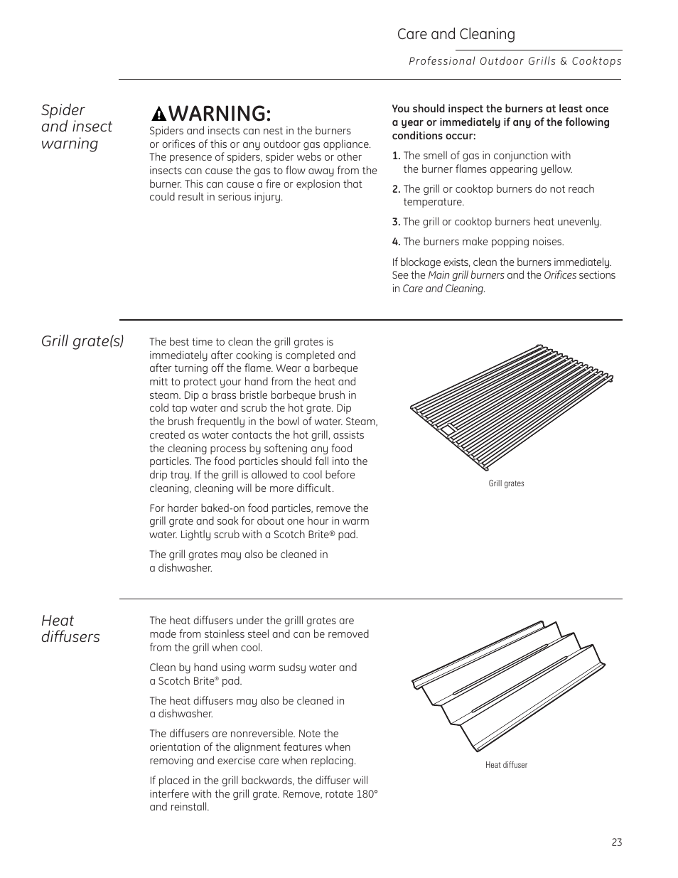Warning, Grill grate(s) care and cleaning, Heat diffusers | Spider and insect warning | GE ZGG420NBPSS User Manual | Page 23 / 36