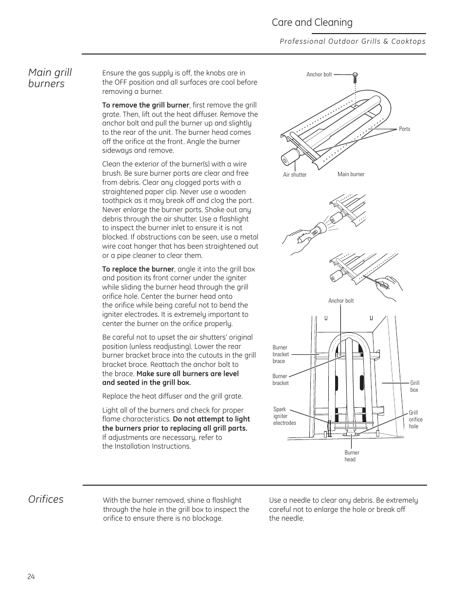 Care and cleaning, Main grill burners, Orifices | GE ZGG420NBPSS User Manual | Page 24 / 36