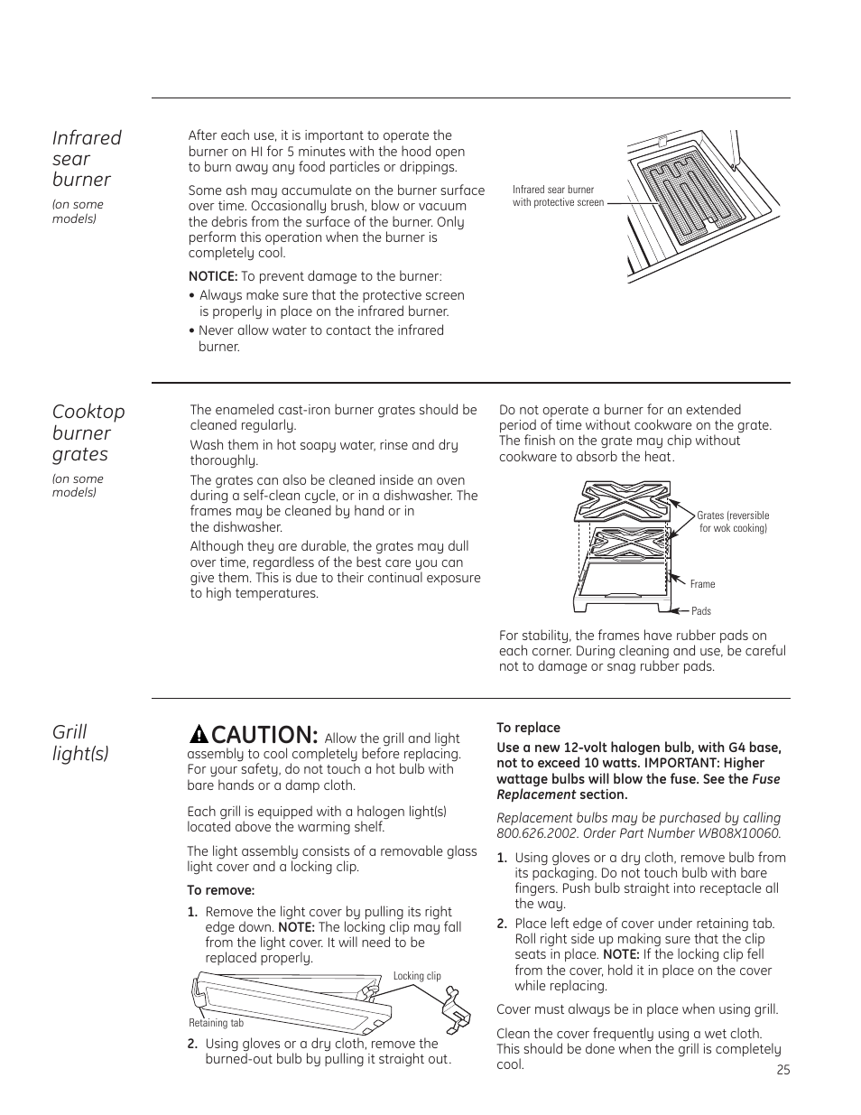 Caution, Infrared sear burner, Cooktop burner grates | Grill light(s) | GE ZGG420NBPSS User Manual | Page 25 / 36