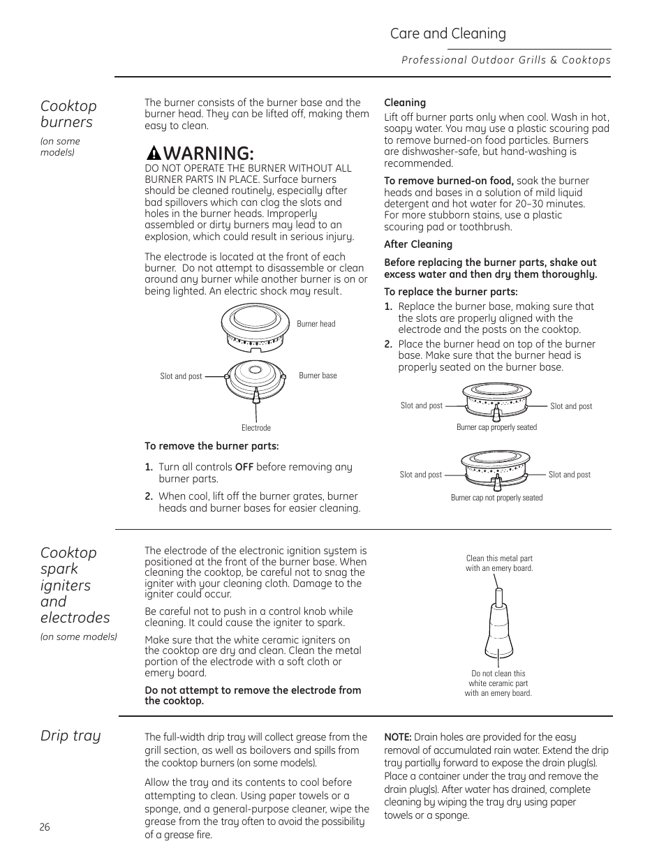 Warning, Care and cleaning, Drip tray | Cooktop burners, Cooktop spark igniters and electrodes | GE ZGG420NBPSS User Manual | Page 26 / 36