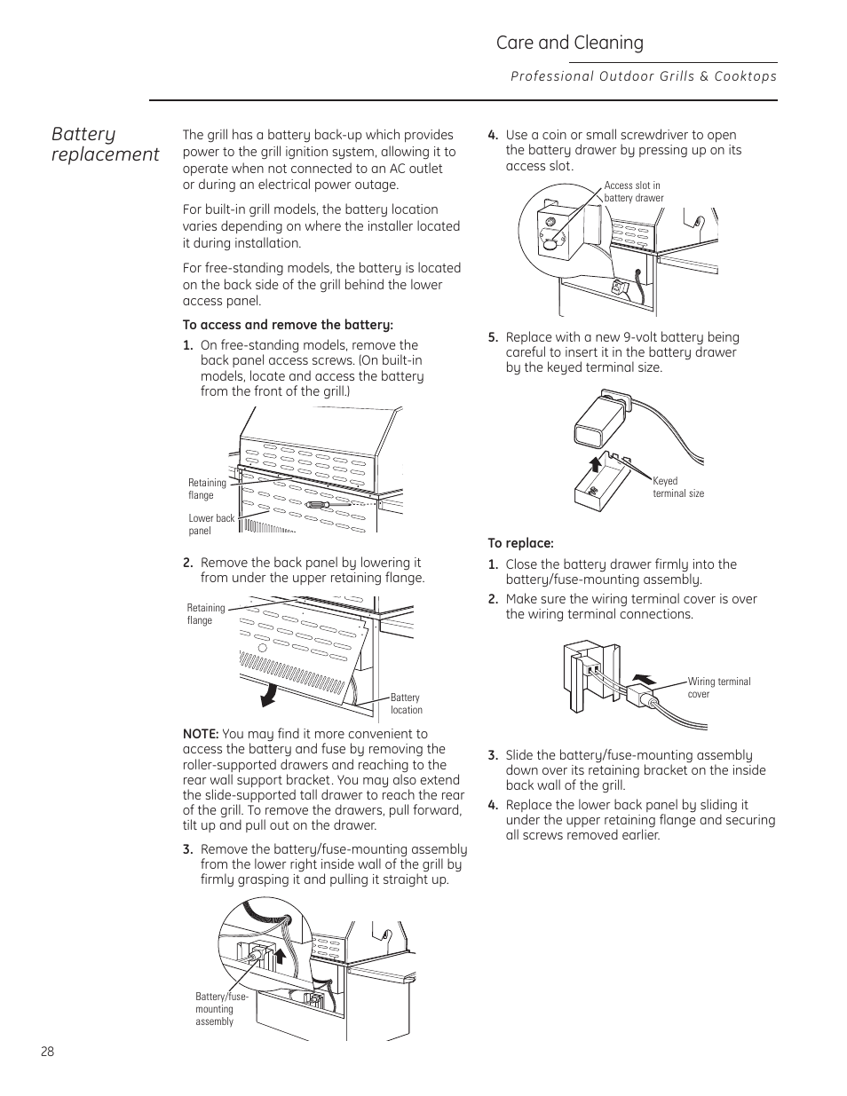 Battery replacement, Care and cleaning | GE ZGG420NBPSS User Manual | Page 28 / 36