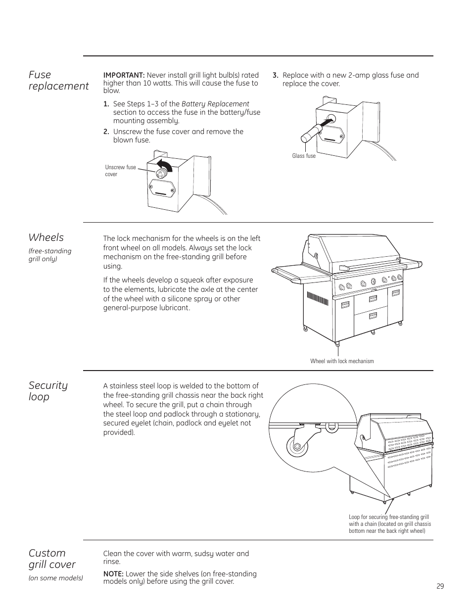 Security loop, Custom grill cover, Fuse replacement | Wheels | GE ZGG420NBPSS User Manual | Page 29 / 36