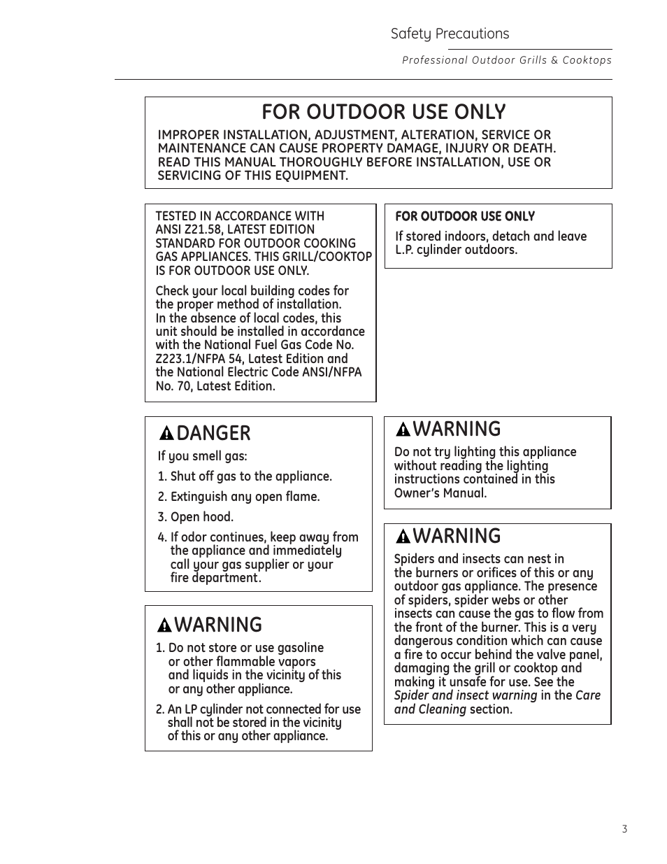Danger, Warning, For outdoor use only | GE ZGG420NBPSS User Manual | Page 3 / 36