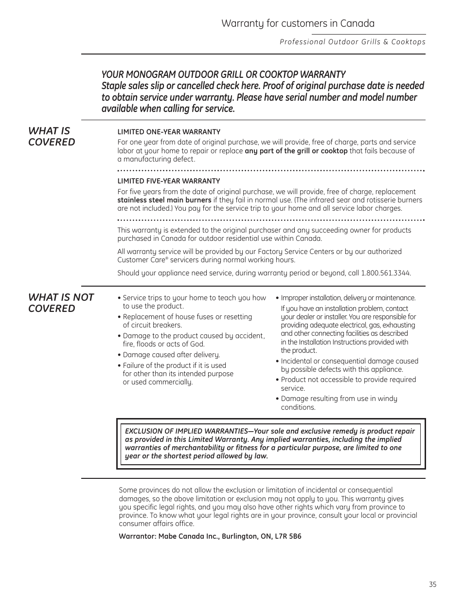What is not covered, Warranty for customers in canada | GE ZGG420NBPSS User Manual | Page 35 / 36