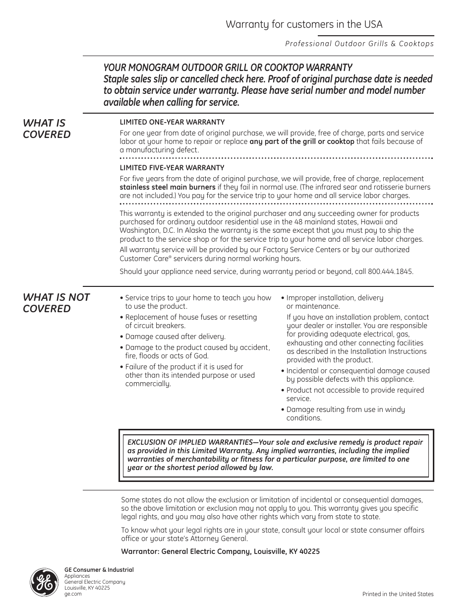 What is not covered, Warranty for customers in the usa | GE ZGG420NBPSS User Manual | Page 36 / 36