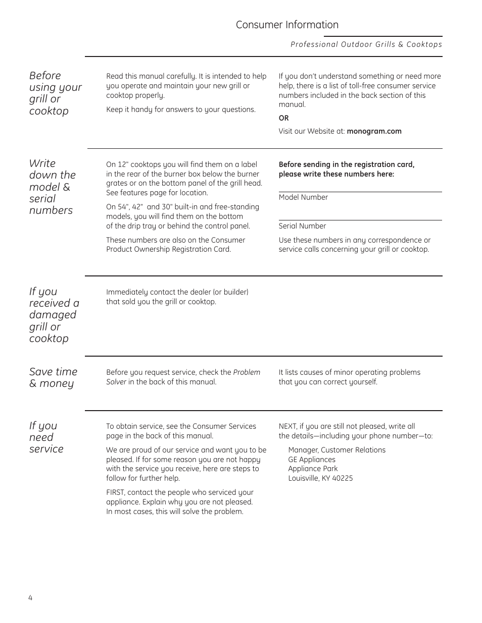 Before using your grill or cooktop, Write down the model & serial numbers, If you received a damaged grill or cooktop | Save time & money, If you need service, Consumer information | GE ZGG420NBPSS User Manual | Page 4 / 36