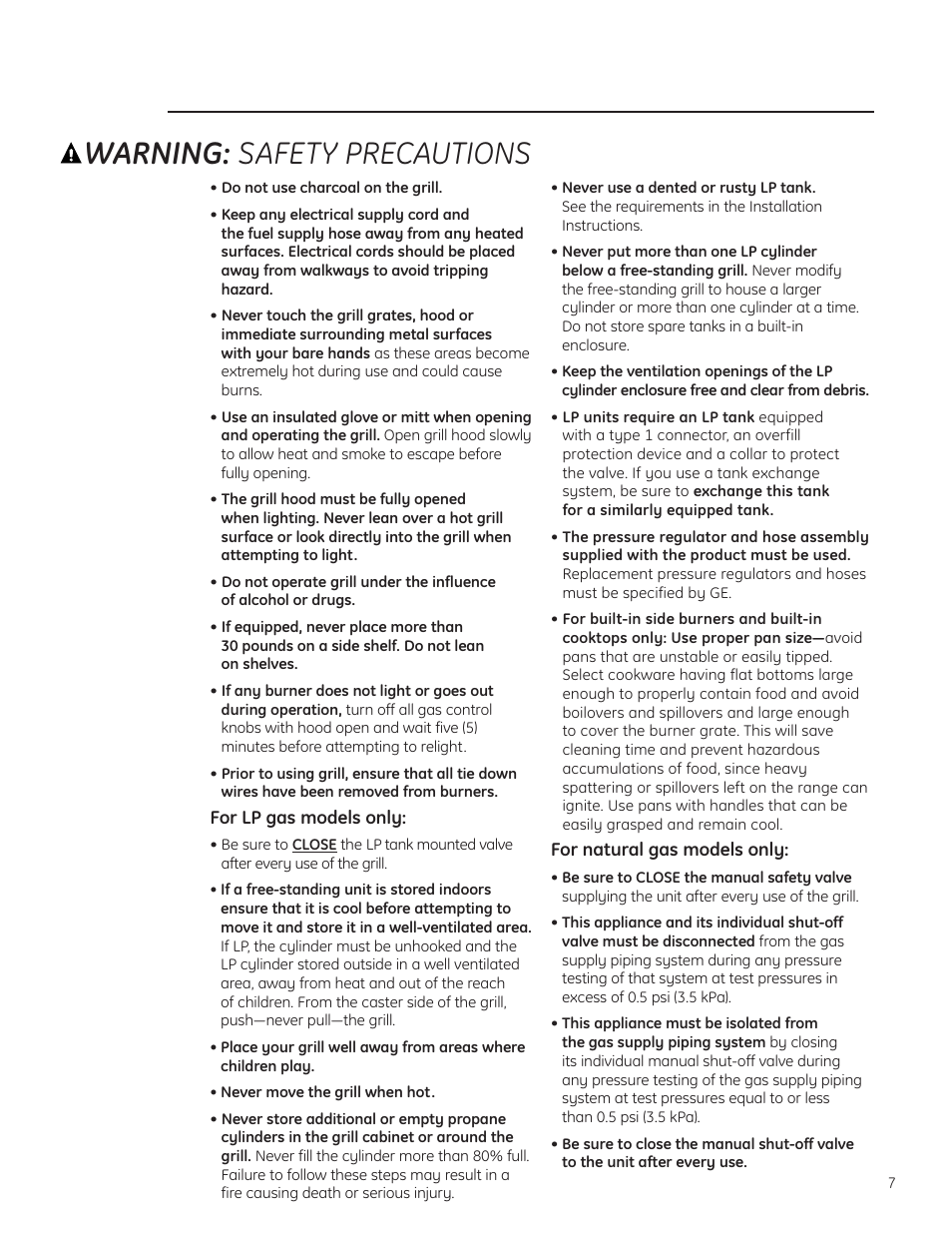 Warning: safety precautions | GE ZGG420NBPSS User Manual | Page 7 / 36
