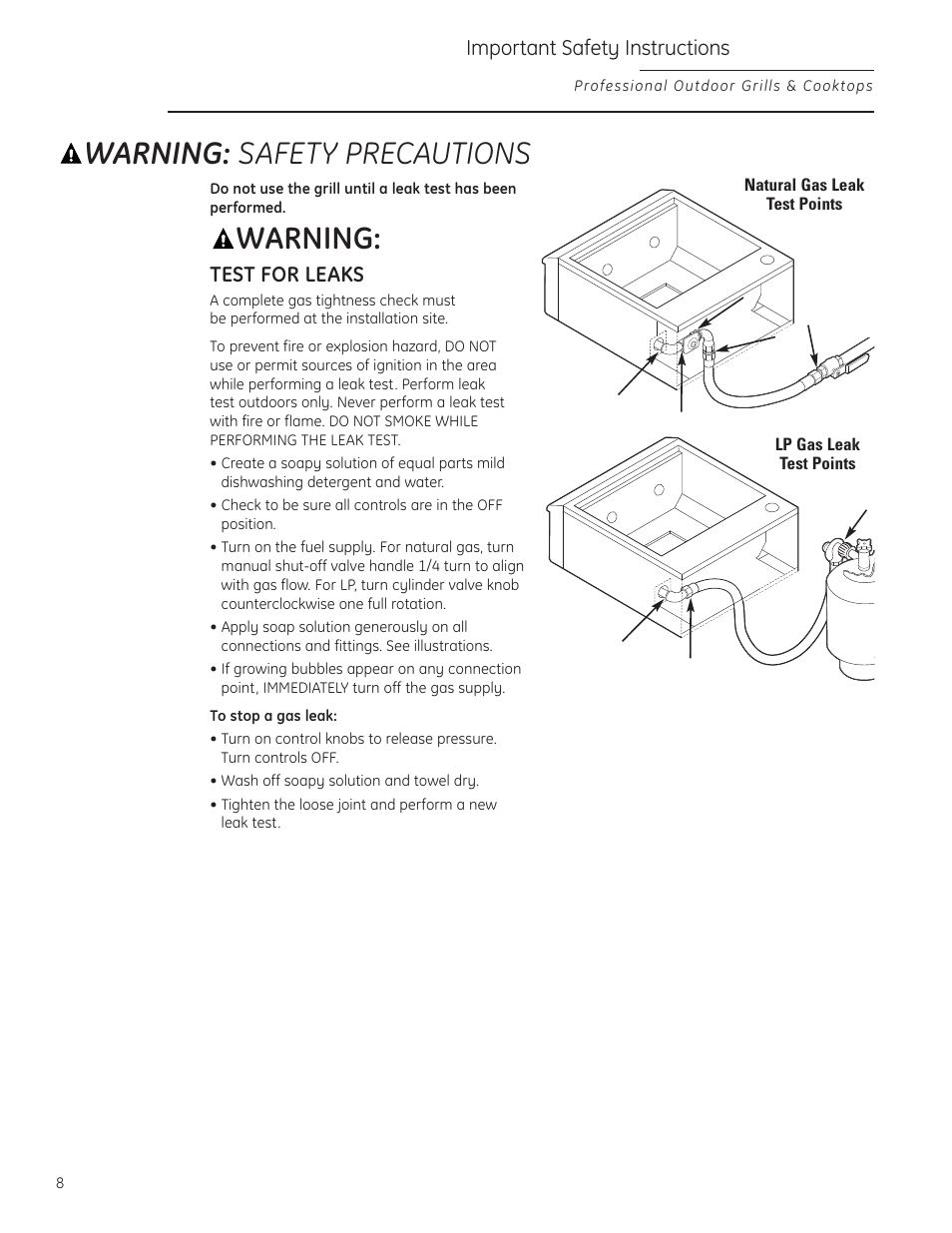 Warning: safety precautions, Warning, Test for leaks | Important safety instructions | GE ZGG420NBPSS User Manual | Page 8 / 36