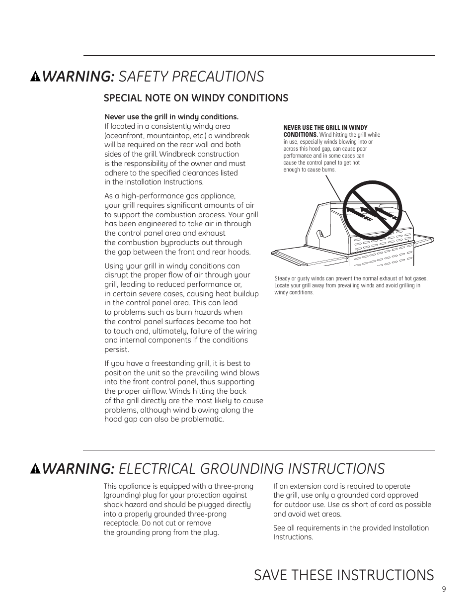 Save these instructions, Warning: safety precautions, Warning: electrical grounding instructions | GE ZGG420NBPSS User Manual | Page 9 / 36