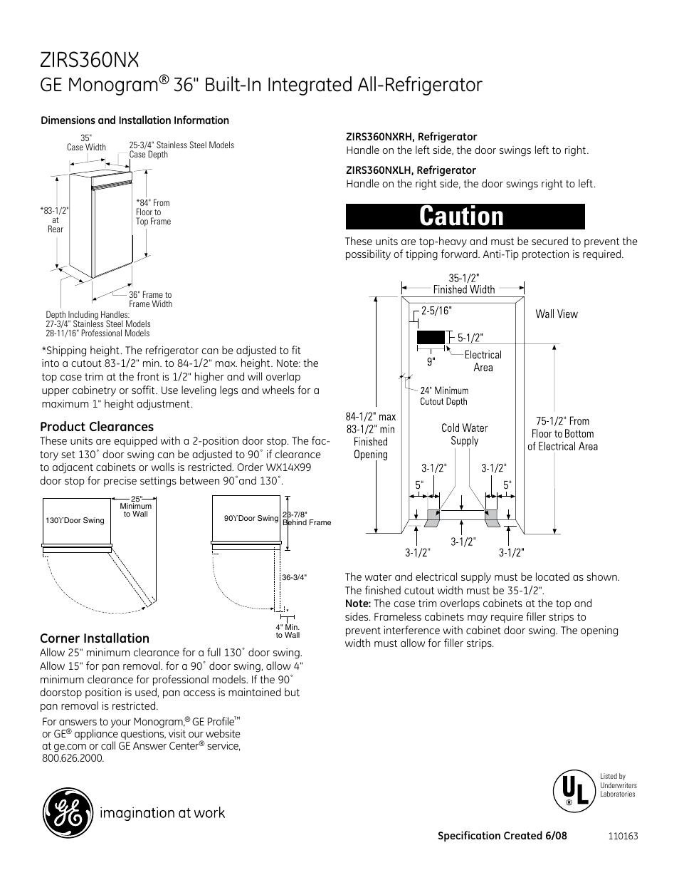 GE Monogram ZIRS360NXRH User Manual | 3 pages