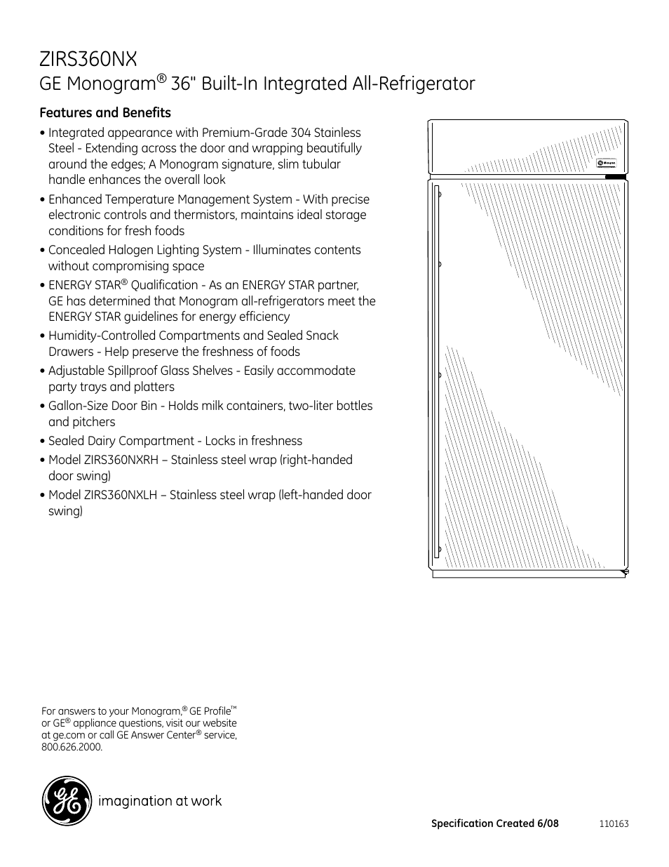 Zirs360nx, Ge monogram, 36" built-in integrated all-refrigerator | GE Monogram ZIRS360NXRH User Manual | Page 3 / 3