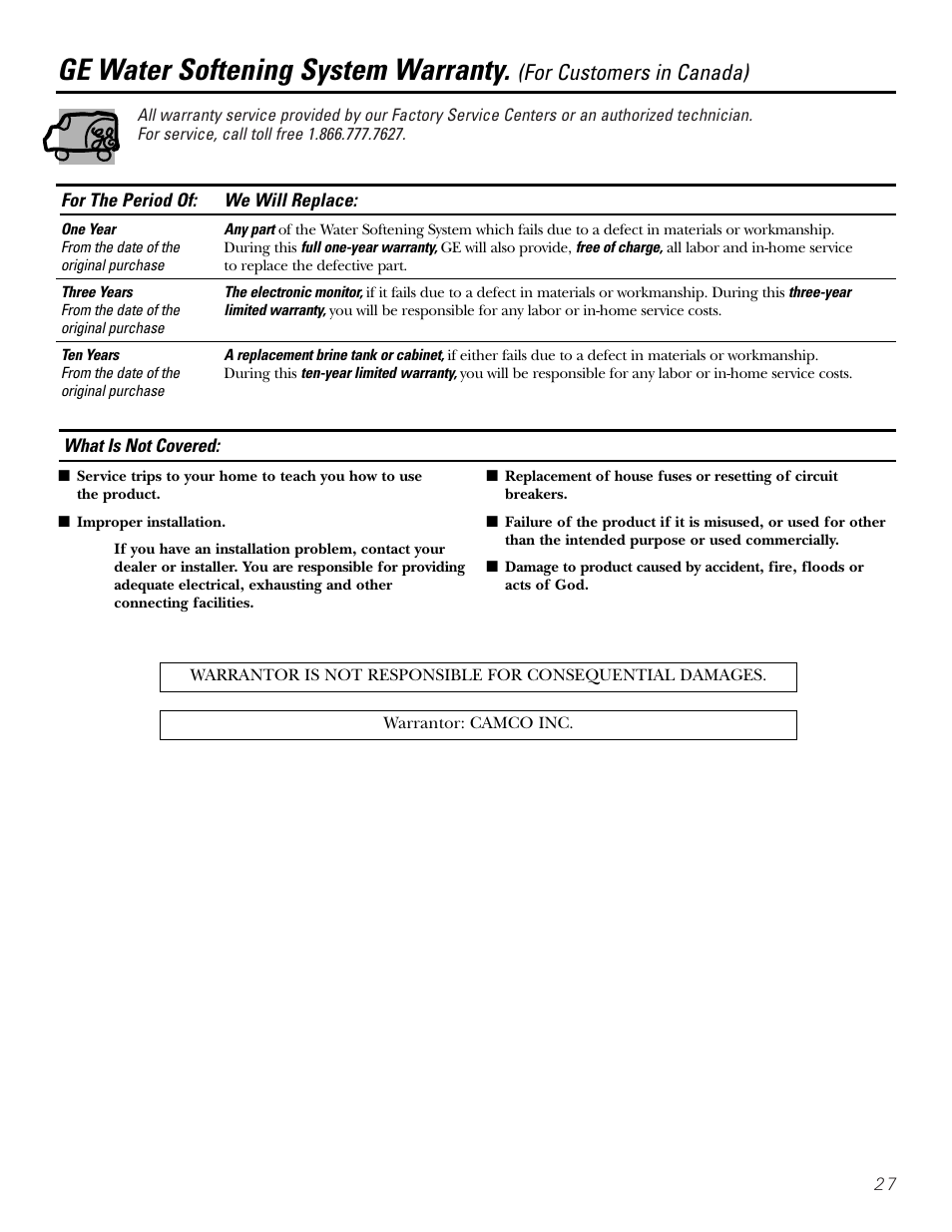 Warranty (canada), Ge water softening system warranty, For customers in canada) | GE Monogram GXSF30H User Manual | Page 27 / 60