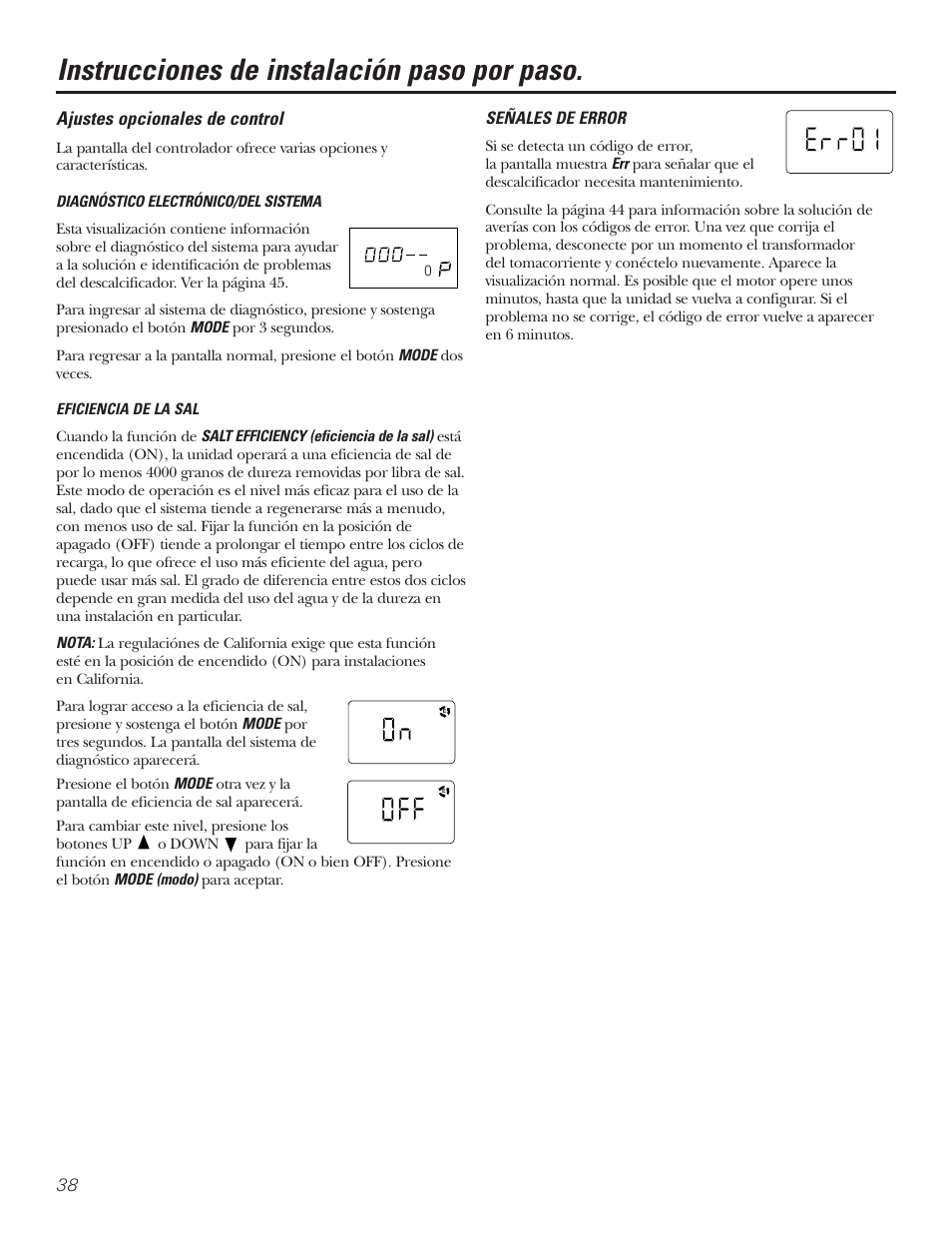 Instrucciones de instalación paso por paso, Ajustes opcionales de control, Señales de error | GE Monogram GXSF30H User Manual | Page 38 / 60