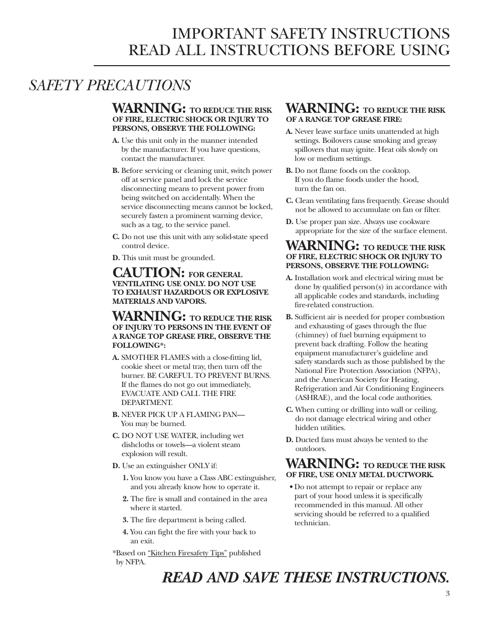 Safety instructions, Safety instructions , 4, 6, Warning | Caution | GE Monogram ZV42 User Manual | Page 3 / 12