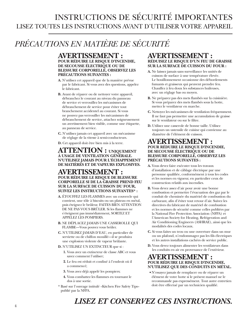 Précautions en matière de sécurité, Avertissement, Attention | GE Monogram ZV42 User Manual | Page 4 / 12