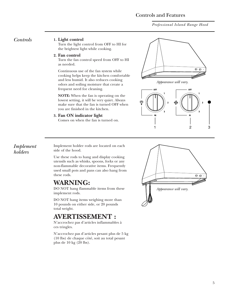 Controls and features, Warning, Avertissement | Controls implement holders | GE Monogram ZV42 User Manual | Page 5 / 12