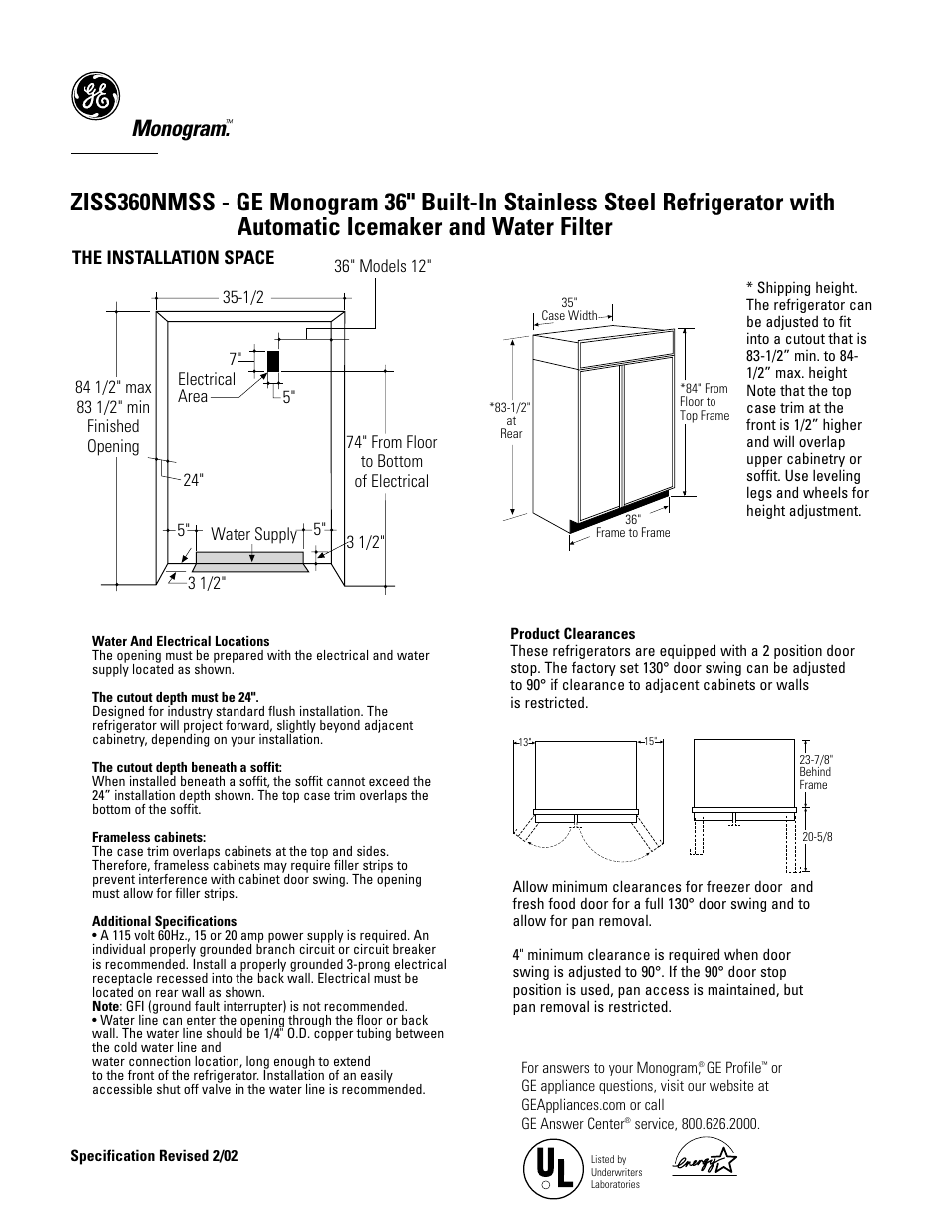 GE Monogram ZISS360NMSS User Manual | 2 pages