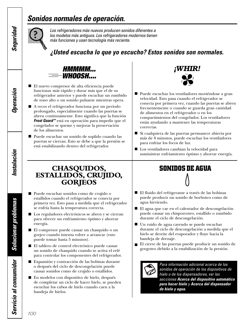 Solucionar problemas, Sonidos normales de la operación, Sonidos normales de operación | Chasquidos, estallidos, crujido, gorjeos, Sonidos de agua, Whir | GE Monogram 23 User Manual | Page 100 / 108