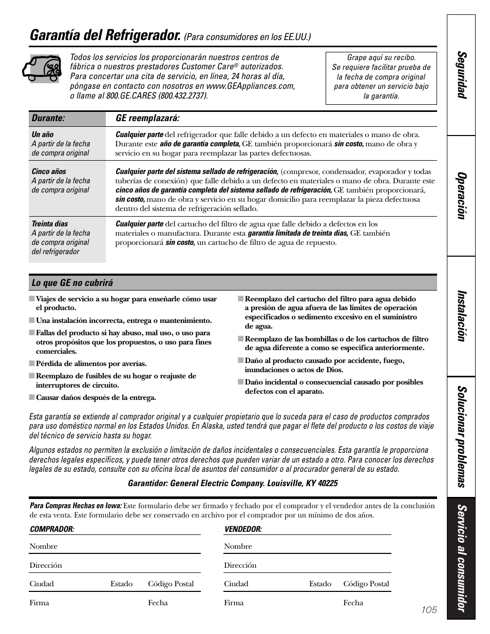 Servicio al consumidor, Garantía para consumidores en los estados unidos, Garantía del refrigerador | GE Monogram 23 User Manual | Page 105 / 108