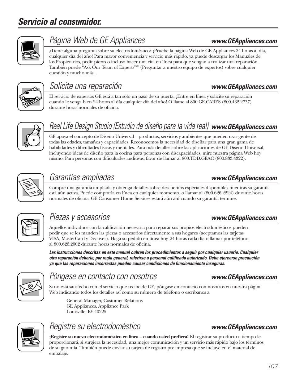 Servicio al consumidor, Solicite una reparación, Garantías ampliadas | Piezas y accesorios, Póngase en contacto con nosotros, Registre su electrodoméstico | GE Monogram 23 User Manual | Page 107 / 108