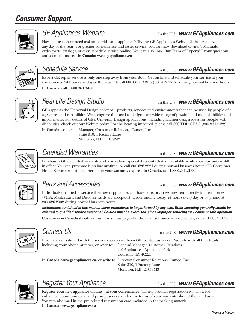 Consumer support, Consumer support . . . . . . . . .back cover, Consumer support. ge appliances website | Schedule service, Real life design studio, Extended warranties, Parts and accessories, Contact us, Register your appliance | GE Monogram 23 User Manual | Page 108 / 108