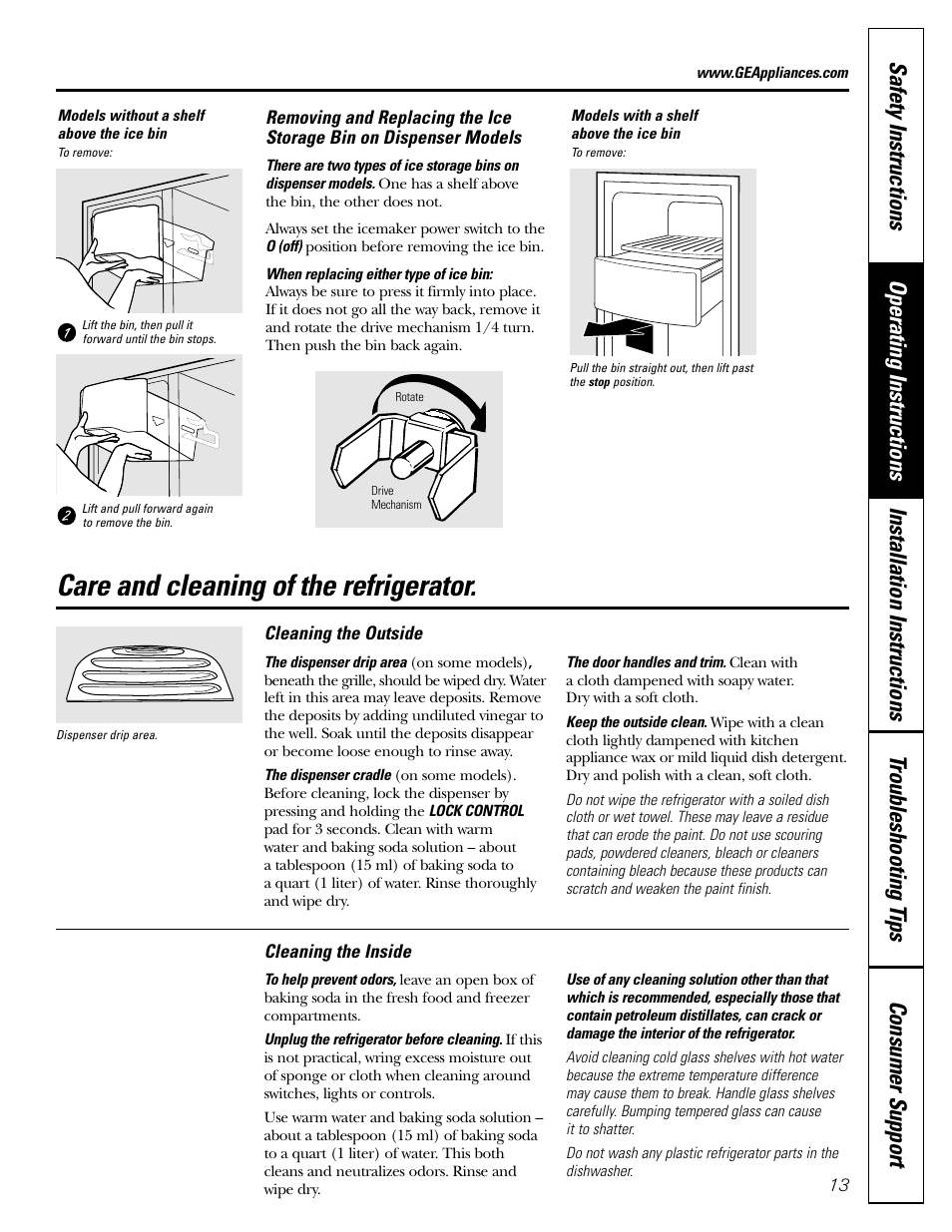 Care and cleaning, Care and cleaning , 14, Care and cleaning of the refrigerator | GE Monogram 23 User Manual | Page 13 / 108