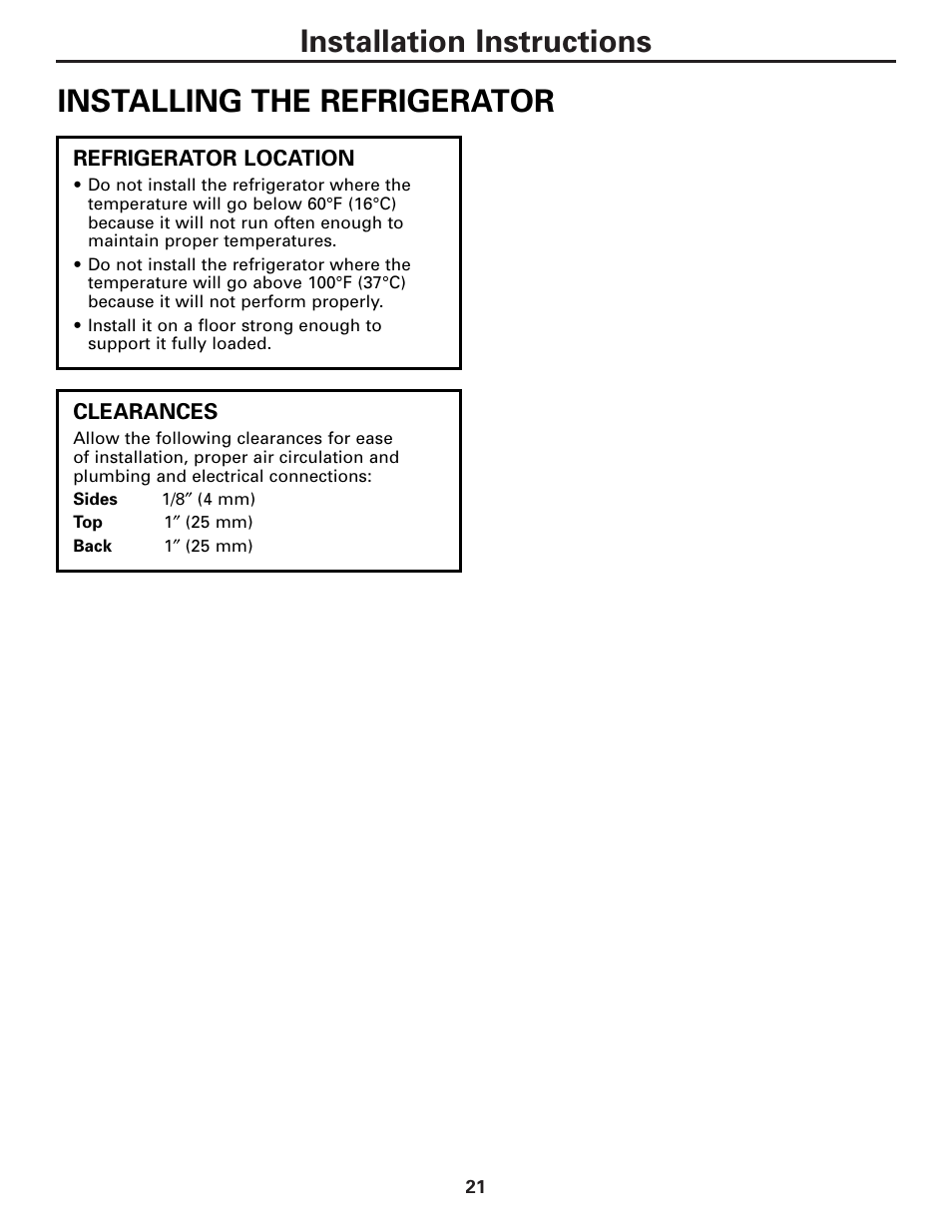 Installing the refrigerator, Installing the refrigerator –24 | GE Monogram 23 User Manual | Page 21 / 108