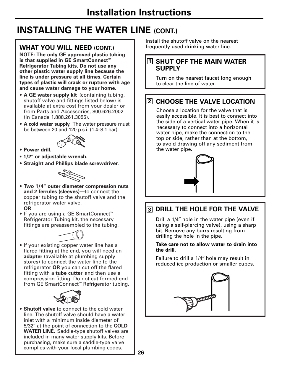Installation instructions, Installing the water line | GE Monogram 23 User Manual | Page 26 / 108