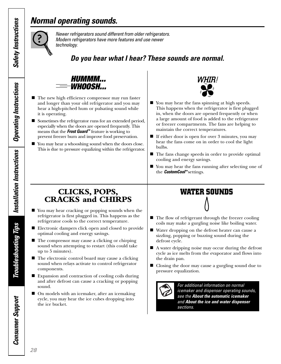 Troubleshooting tips, Normal operating sounds, Hummm... whoosh | Clicks, pops, cracks and chirps, Water sounds, Do you hear what i hear? these sounds are normal | GE Monogram 23 User Manual | Page 28 / 108